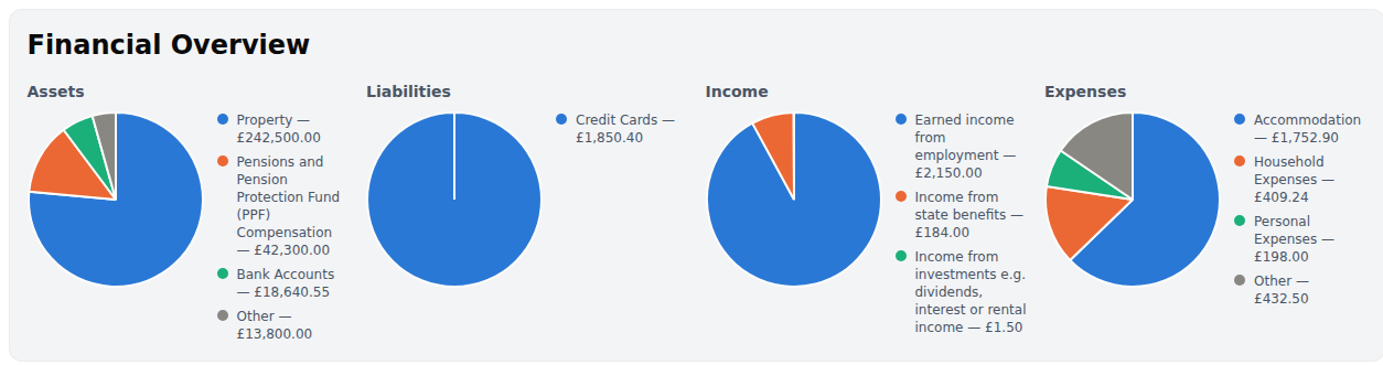 Resolvio's financial overview screen, showing at-a-glance pie chart breakdowns of a case's assets, liabilities, income and expenses